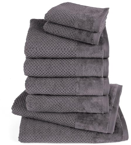 Pure Label 8-TLG. Handtücher Set mit Aufhängeschlaufen aus 100% Baumwolle, saugstark und weich - 2X Badetuch (70x140 cm) 4X Handtuch (50x100cm) 2X Gästetuch (30x50 cm), Anthrazit - Grau