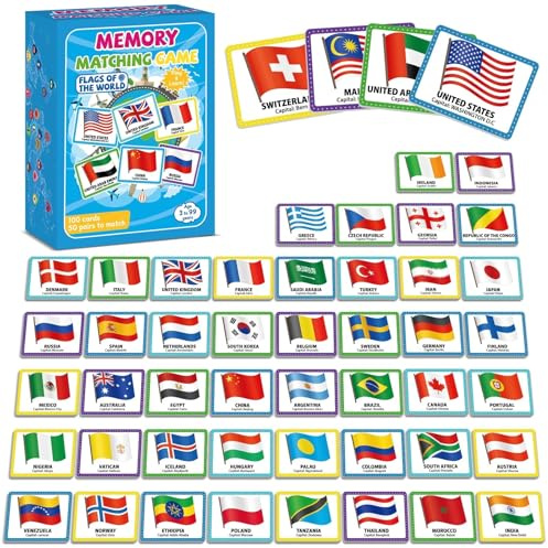 gisgfim 100 PCS Memory Matching Game Flags of The World Concentration Memory Card for Kids and Adults Learning Educational A Fun & Fast Countries of The World Matching Games