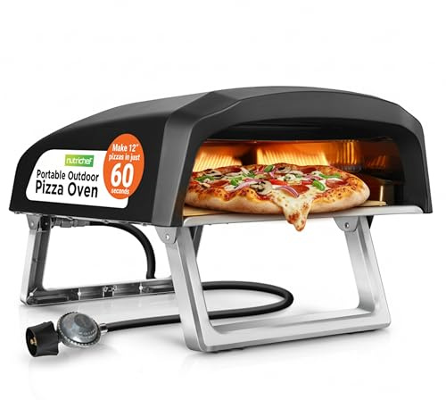 NutriChef Portable Outdoor Gas Pizza Oven - Unique Design, Easy Bake Oven with Pizza Stone, Foldable Feet, One-Touch Gas Ignition, Adjustable Heat Control, Stainless Steel, 932°F Max