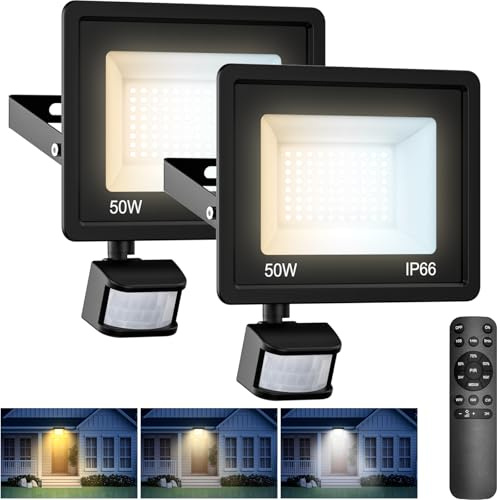 vighep Security Lights Outdoor Motion Sensor, 50W 3000K-4500K-6000K Dimmable LED Floodlights with PIR Sensor, IP66 Waterproof Bright Wall Light with Remote Control for Garden Backyard Outside-2 Pack