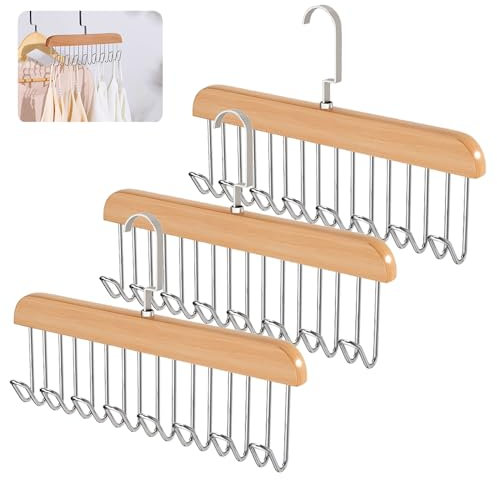 3 Stück Gürtelhalter Kleiderschrank,28 cm Holz Kleiderbügel Krawattemhalter,Kleiderbügel mit 8 Haken,Drehbarer Krawattenbügel Platzsparend,Gürtelaufhänger für Schals,Krawatten,Gürtel,Hosenträger