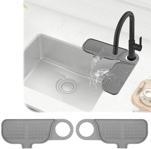 2 Pcs Sink Splash Guard for Kitchen 16.53x3.93 Silicone Faucet Mat 5° Slope Sink Splash Rotatable Guard Mat Flexible 360° Tap Splash Guard Non-Slip Handle Drip Water Catcher Tray for Bathroom