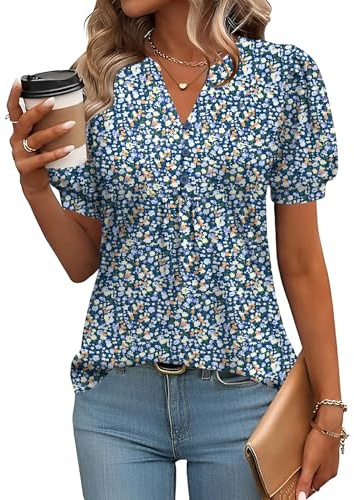 Rapbin Damblus med v-ringning och knappslå, t-shirt, tunika, kortärmad topp, sommartopp, elegant, avslappnad