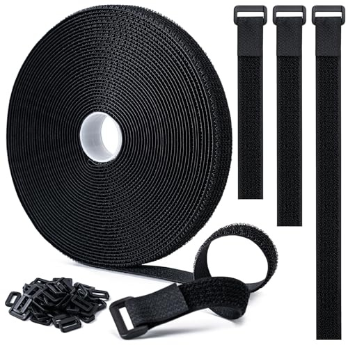 Reusable Hook and Loop Straps, 8m x 3cm Self Gripping Tape with 30 Plastic Buckles, Cuttable Heavy Duty Securing Cable Ties for Cables, Hoses, Luggage, Garden Plant Support, Black