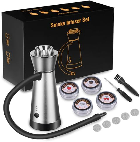 Whiskey Smoker Kit, Cold Smoker Gun for Cocktails & Food, Rechargeable Smoking Gun with 4 Wood Chips,Portable Drink Smoker Infuser for Whisky,Meat,Cheese,Indoor BBQ (Silver)