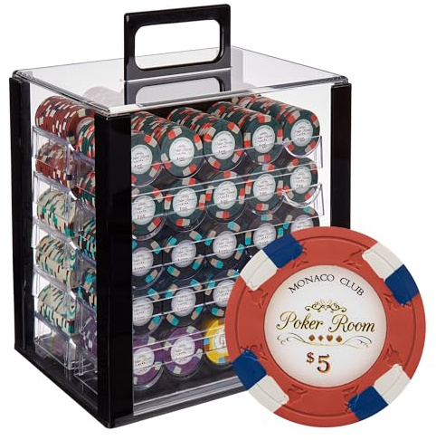 Playzaic 1000-piece Acrylic Monaco Club Poker Chip Case - 13.5-gram Heavy Clay Composite Set - Casino Chips for Texas Holdem, Blackjack - Betting Game Accessories
