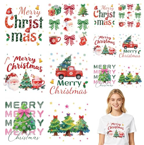 URROMA 12 piezas de transferencia de calor de Navidad, transferencia de calor para árbol de Navidad, parches para planchar para camisetas, ropa, bolsas, decoración de bricolaje