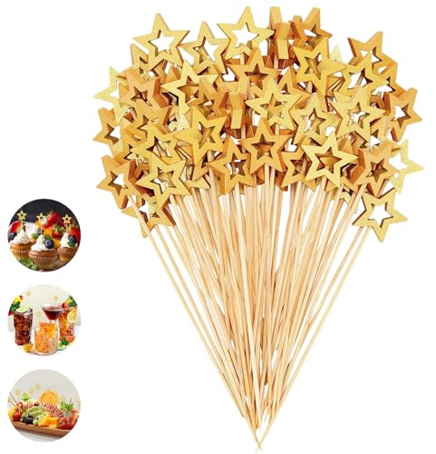 Aribliseza Brochetas Fingerfood 100 Piezas, 5,2 Pulgadas Pick de Cóctel Estrella Dorada, Palillos de Madera Decorativos para Bocadillos, Brochetas de Bambú para Bebidas, Fruta y Tablas de