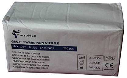 PintoMed - Mullkompressen, Kompressen, weiche Wundpflege, saugfähig, Erste-Hilfe-17 Fäden, unsterile, 10 cm x 10 cm, 8-lagig, 200 Stück.