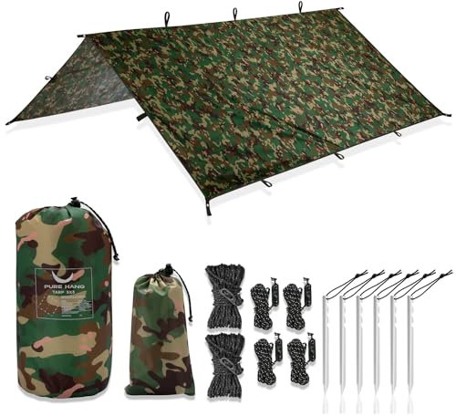 PURE HANG Premium Zeltplane Tarp 3x3 für Hängematte Outdoor Camping Wasserdicht mit Ösen Sonnensegel Strand Ultra-Leicht Sonnenschutz UV Schutz Regenschutz