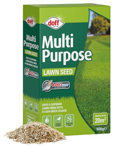 Doff Multipurpose Lawn Seed Plus Procoat - 500g Lawn Feed Treatment for Gardens – 100% Coated Seed for Bird-Resistant, Hard-Wearing Green Grass Year-Around Growth