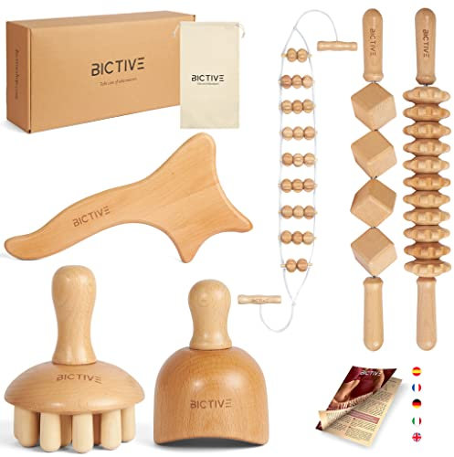 BICTIVE® Professionelles Maderotherapie Set mit 6 Stücken. Lymphdrainage Gerät, Anti Cellulite Massagegerät, Massageroller Holz, Anticellulite Geräte Massage, Cellulite Roller Maderotherapie Holz