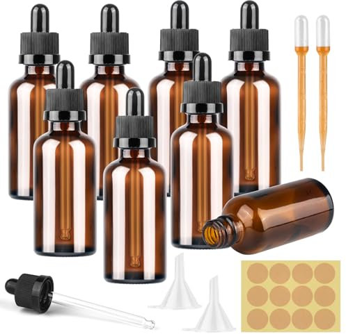 ZEFAN Lot de 8 flacons à pipette en verre ambré de 50 ml avec bouchon pipette noir et accessoires supplémentaires, flacons de pharmacie pour huiles essentielles, parfums, solutions