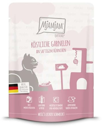 MjAMjAM - Cibo umido premium per gatti - Quetschie - Gustosi gamberetti con pollo succoso, 1 confezione (1 x 300 g), senza cereali con carne extra