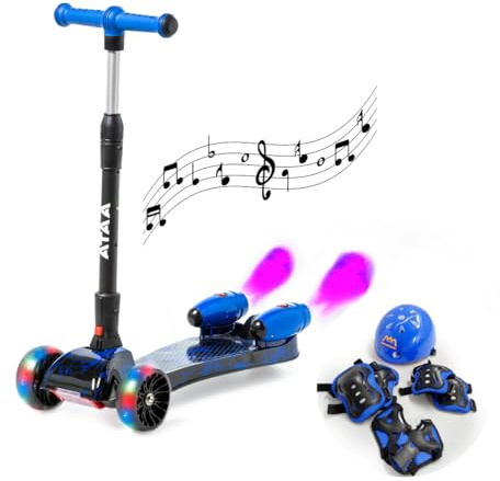 Patinete Infantil ATAA Shuttle Azul con 3 Ruedas con Luces LED Efecto Humo Bluetooth y Set de protección con Manillar Ajustable y Plegable