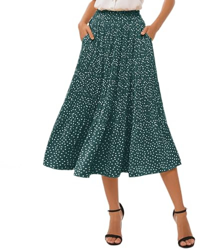 Timuspo Damen Chiffon Rock Lang mit Taschen Sommer Polka Dot Midi Skirt Elegant A Linie Knielang Hohe Taille Sommerrock Grün L