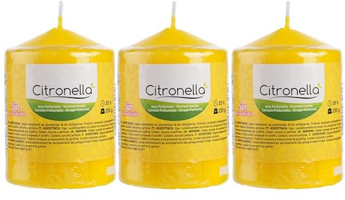Pack de 3 Velas Aromáticas Citronela 255g, Velón Taco de Cera 35h Duración - Antimosquitos Naturales, Ideal para Jardín, Terraza, Camping y Barbacoas, 10 x 7 cm