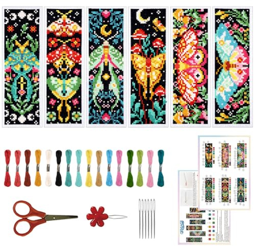 ORIGACH Kit de 6 marque-pages au point de croix thème des papillons de nuit | avec instructions pour débutants - Kit de bricolage imprimé au point de croix pour les amateurs de