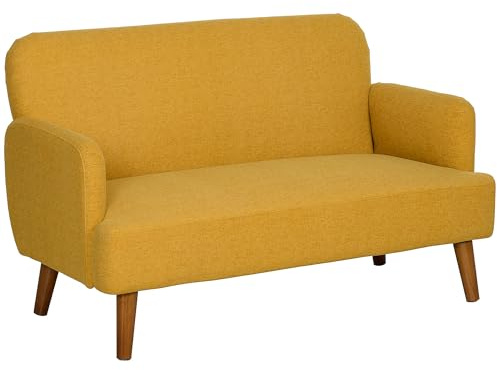 HOMCOM 2 Seater Sofa, Small Sofa with 21cm Thick Padding and Wood Legs, Modern Velvet Feel Fabric Loveseat for Living Room, Bedroom, Home Office, Yellow