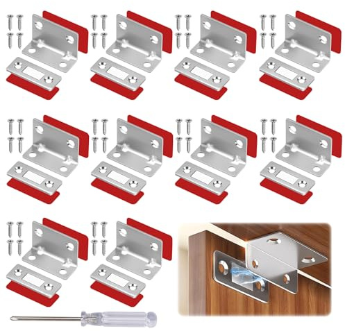 10 stycken magnetiska snäppmagneter för skåpdörrar, silverdörrmagneter, magneter för skåpdörrar L-form med skruvmejsel, självhäftande för möbler, skåpmagneter, för lådor