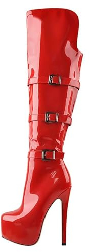 Meinabsatz Damen Plateau Stiefel Langschaft Boots Overknee Stilettos High Heels Überkniestiefel mit Schnallen Lack Rot 44 EU