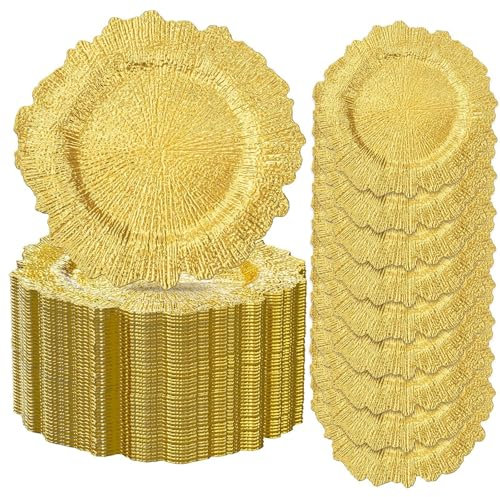 Aikimfuly Assiettes de présentation transparentes et dorées – Chargeurs de table jetables élégants pour mariages et fêtes (corail doré, 20 pièces)