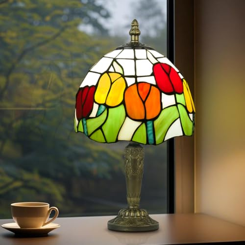 Crefotu 8 Inch Small Tiffany Style Table Lamp, Tulip Stained Glass Lamp | 3 Color Temperatures, Vintage Mini Tiffany Lamp for Office Bedroom Living Room Reading Home, Included Dimmable LED Bulb