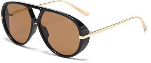 LJCZKA Oversized Pilot Sunglasses for Women Men 70s Large Double Bridge Shield Sun Glasses Trendy Big Round Frame Shades UV400 Protection (Black Brown)