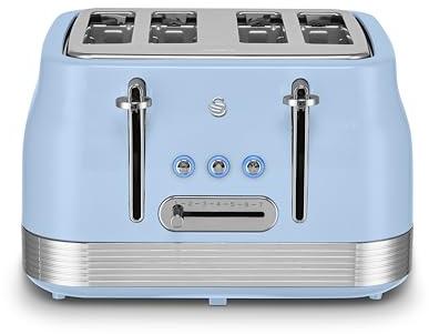 Swan ST19029BLU Retro 4 Slice Toaster, 7 Browning Levels, Removable Crumb Trays, Defrost, Reheat and Cancel Functions, Hidden Cord Storage, Non-Slip Feet, 1860W, Blue and Stainless Steel