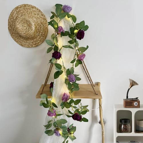 GUOCHENG 6.56FT Rose Garland Lights with Timer, Faux Floral Purple Roses Fairy Lights, Fake Flowers Vine String Light for Wedding Home Party, Windows Fireplace Table Runner Decor(1Pack)