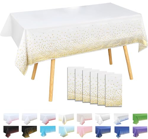 MOMAHUA Lot de 6 Nappes Plastiques à Pois Fond Blanc avec Pois Dorés 137x274 cm – Nappe Rectangulaire Réutilisable pour Fête Anniversaire, Décoration Table Événement Sportif, Imperméable Anti-Taches
