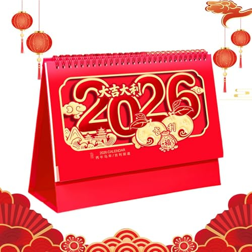 Calendrier chinois 2026, planificateur mensuel chinois - Année du cheval - Planificateur de bureau pour table chambre à coucher maison bureau étude planification vacances et fête de printemps