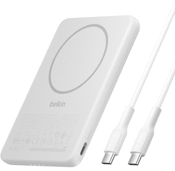 Belkin BoostCharge Magnetic Power Bank 5000mAh, Slim Portable Charger with Magnetic Ring and USB C Port, Battery Pack for iPhone, Galaxy, Pixelsnap, iPad, Tablet - USB C Cable Included - White