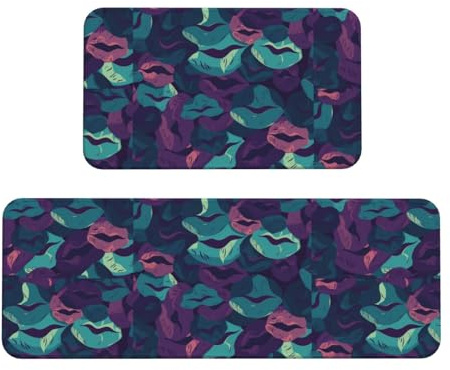 Lip Print Kitchen Rugs Set of 2, Cushioned Anti-Fatigue Kitchen Mats for Floor, Waterproof Comfort Standing Mat Absorbent Velvet Kitchen Runner Rugs 17x30+17x47