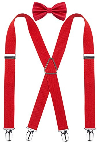 Alizeal elastisk bekväm herrfluga och hängslen set X-form justerbara hängslen, Röd, en storlek