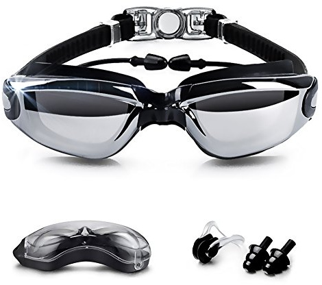 Goodsmiley Lunettes de natation pour personnes myopes, UV400, anti-buée, étanche, avec écouteurs boutons, pince-nez, pour hommes, femmes et enfants, noir