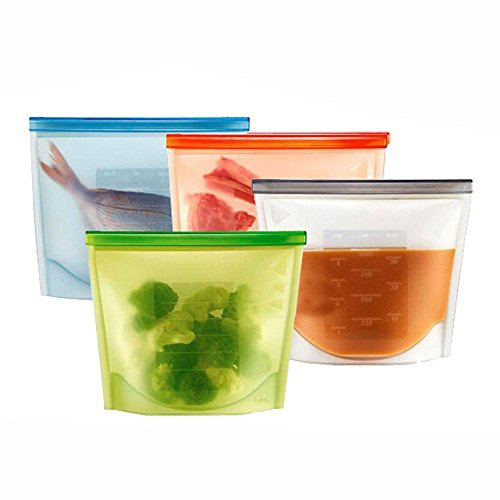 OFKPO 4 Pezzi Riutilizzabile in Silicone Alimentare Conservazione Bag per Frutta, Verdura, Carne e così Via