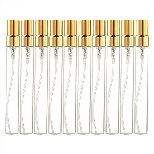 Enslz 10ml 10pcs Glass Spray Bottle Refillable Perfume Atomizer Mini Sample Test Bottle Thin Glass Vials (Gold)