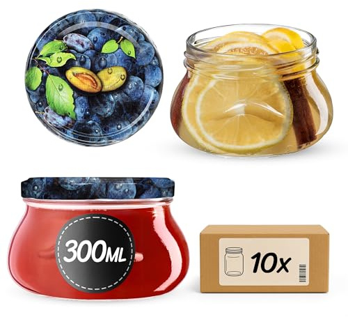 KADAX Lot de 10 bocaux en verre 300ml Ø82 – Couvercle Twist-Off hermétique TO82 – Pour confitures, conserves, cornichons, miel & fermentation
