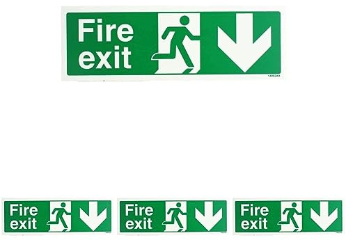 VSafety Glow In The Dark Fire Exit Arrow Down Sign - 300mm x 100mm - Rigid Plastic (Pack of 4)