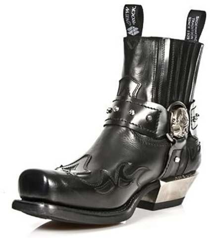 DJFOG Bottines Western pour Hommes avec Boucle Sangle - Bottes Rétro en Cuir à Bout Carré - Style Cowboy et Moto - Noir, 42 EU