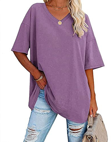 Famulily Women's Summer Casual V Neck Half Sleeve T Shirt Ladies Short Sleeve Oversized Baseball Tshirts Tunic Tops