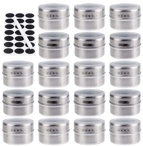 18 Pack Magnetic Spice Jars with Lid, 100 ml Stainless Steel Spice Storage Containers for Kitchen, Include Spice Label and Pen, Clear Top Lid with Sift or Pour, Magnetic on Refrigerator and Grill