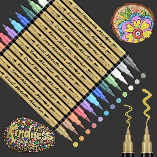 KERIFI Metallic Stifte - 12 Farben Dual Tip Metallic Marker Stifte Set für Gästebuch Hochzeit, Fotoalbum zum Selbstgestalten, Scrapbook Zubehör, Papier, Glitzerstifte für Steine, Holz, Glas, Keramik
