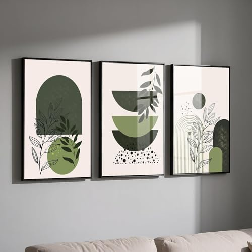 PWAAHDC Green Canvas Wall Art, Set of 3 Boho Prints, Beige and Sage Green Abstract Geometric Posters, Unframed A3 Home Decor for Living Room or Bedroom
