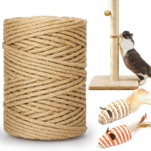 HezzLuv 262FT/80M Cat Scratching Sisal Rope, 6mm 1/4inch Thick Natural Jute Rope for Scratch Posts, Cat Trees, DIY Projects, Sisal Rope for Scratcher with 2 Mouse Toys (Natural, 262ft)