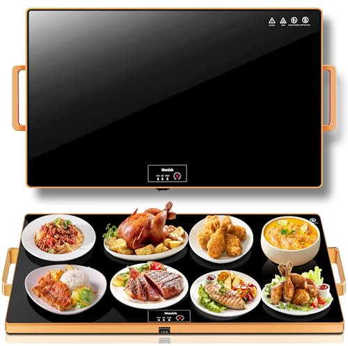 Electric Warming Tray (XXL 32”x18”)，Food Warmers for Parties Buffet with Thermostat & Full Surface Heating, Tempered Glass Warming Mat for Food, Temperature Adjustable Gold Handles Food Warming Mat