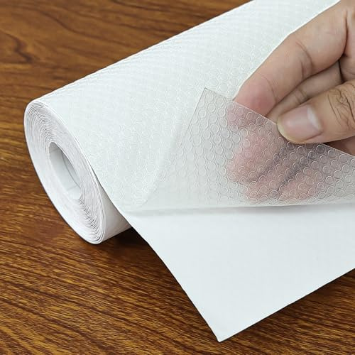 Hersvin Kitchen Drawer Liners 44.5cmx500cm Self-Adhesive Cupboard Liners, Cabinet Shelf Mats Non Slip Oil-Proof Waterproof EVA Plastic Protector Fridge Shelves Lining (Clear Flat Dot)