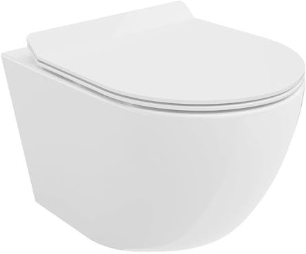 BADLAND WC Rolo – WC suspendu mural en céramique blanc, avec abattant WC Soft-Close, revêtement nano, WC suspendu moderne pour salle de bain et WC d'invités