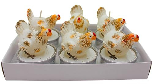 Dekohelden24 Velas de té de pollo, velas de té de Pascua, velas de cera, vela de primavera, vela de figura de pollo de cera. Contenido del envío: 6 velas individuales de pollo en color blanco, 4 x 4 x